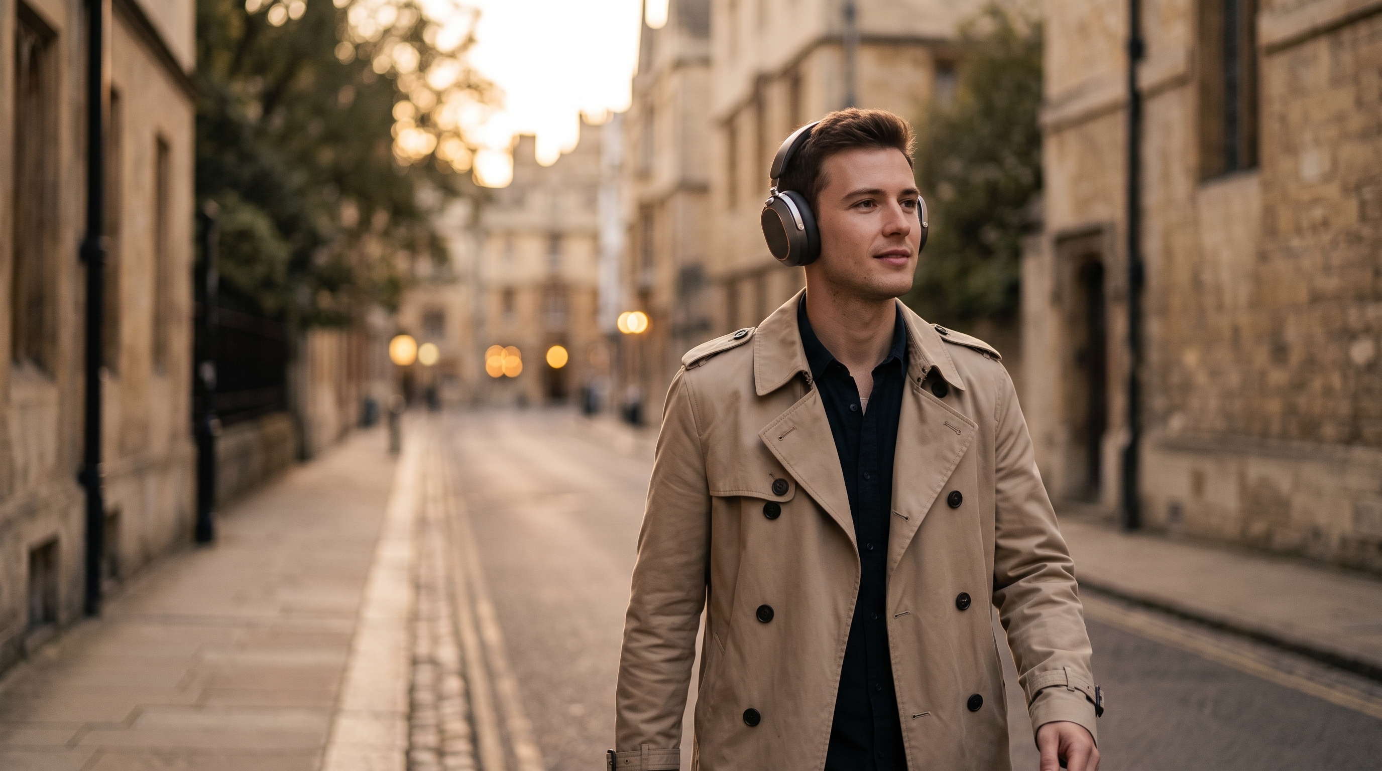 A man in a trench coat walking down a stone street at dusk, wearing Onde One